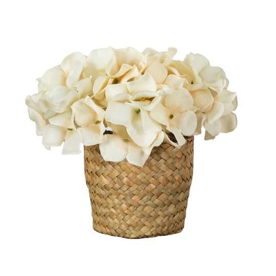 7" Artificial Cream Hydrangea Arrangement in Woven Basket By Nearly Natural in Beige | 7" x 7" x 7" | Michaels®